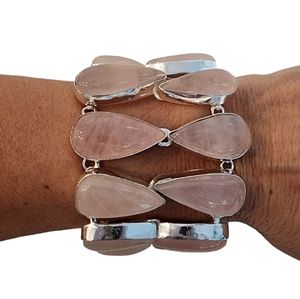 Rose quartz statement bracelet - silver gemstone bracelet - pink chunky